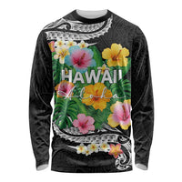 Hawaii Aloha Tropical Leaves and Flower Long Sleeve Shirt with Polynesian Art Tattoo Black Color LT03 Unisex Black - Polynesian Pride
