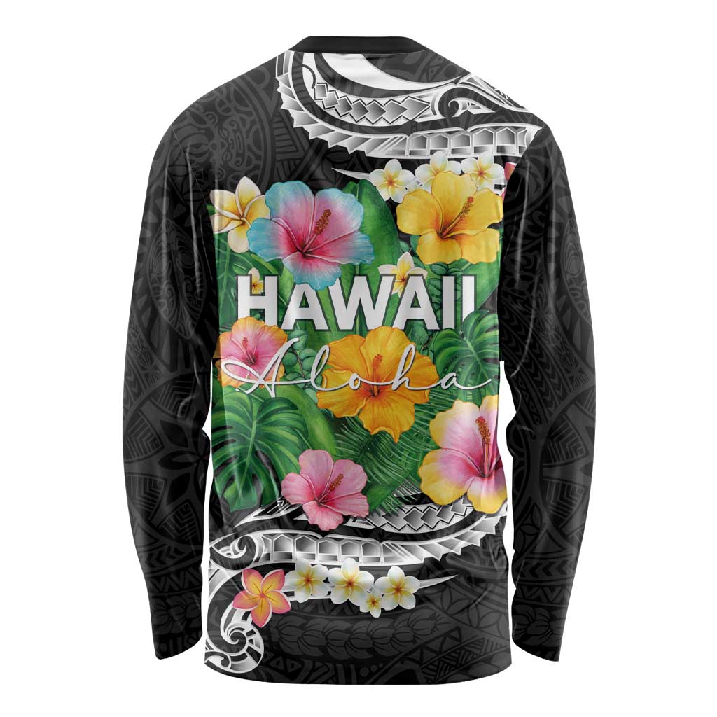 Hawaii Aloha Tropical Leaves and Flower Long Sleeve Shirt with Polynesian Art Tattoo Black Color LT03 - Polynesian Pride