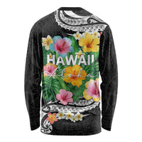 Hawaii Aloha Tropical Leaves and Flower Long Sleeve Shirt with Polynesian Art Tattoo Black Color LT03 - Polynesian Pride
