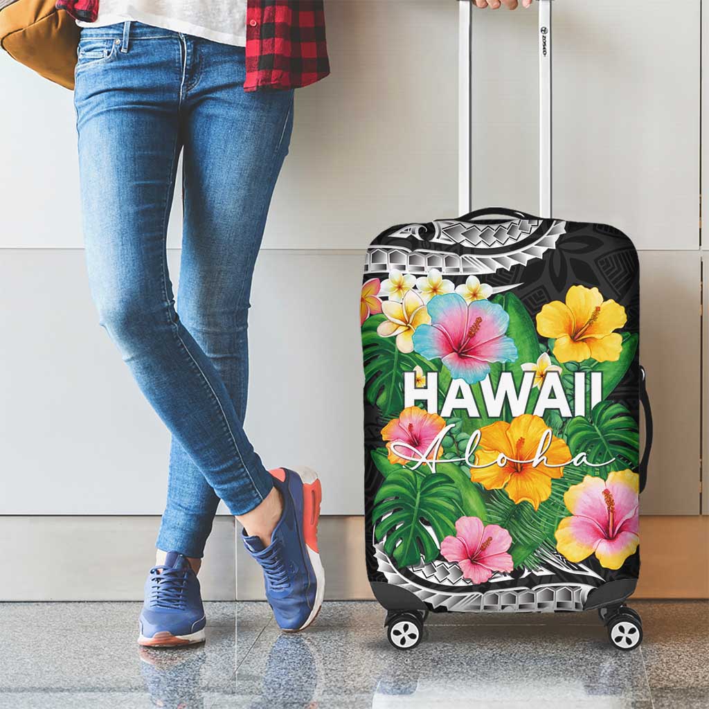 Hawaii Aloha Tropical Leaves and Flower Luggage Cover with Polynesian Art Tattoo Black Color LT03 - Polynesian Pride