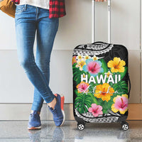 Hawaii Aloha Tropical Leaves and Flower Luggage Cover with Polynesian Art Tattoo Black Color LT03 - Polynesian Pride