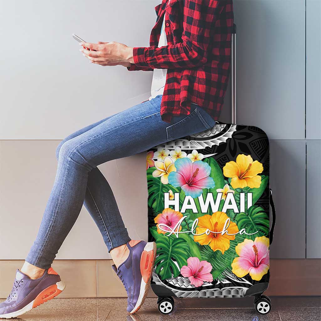 Hawaii Aloha Tropical Leaves and Flower Luggage Cover with Polynesian Art Tattoo Black Color LT03 - Polynesian Pride