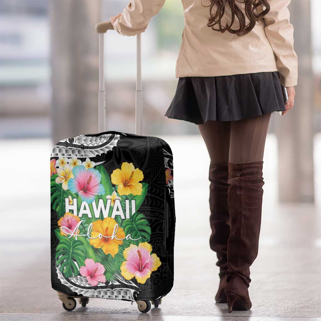 Hawaii Aloha Tropical Leaves and Flower Luggage Cover with Polynesian Art Tattoo Black Color LT03 - Polynesian Pride