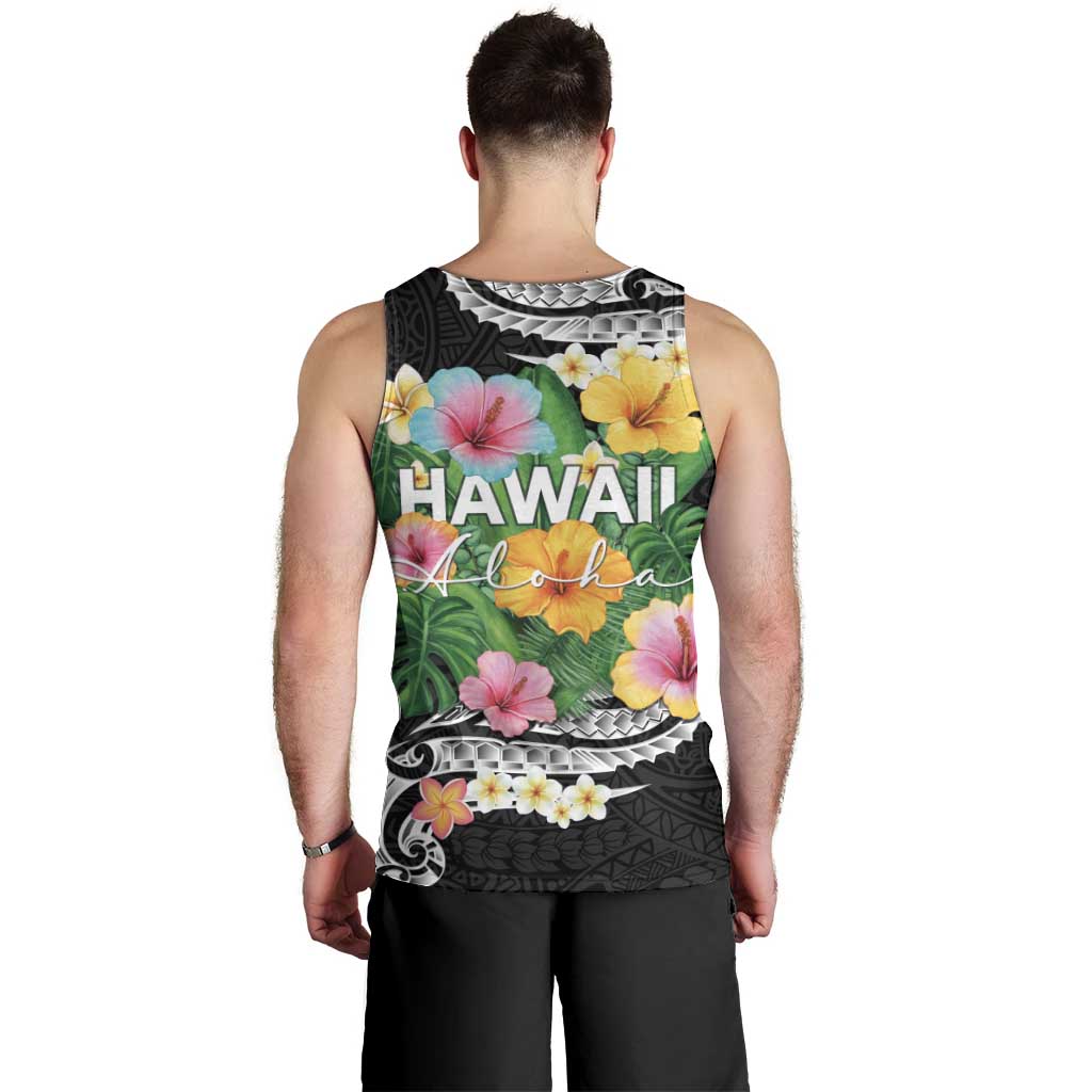Hawaii Aloha Tropical Leaves and Flower Men Tank Top with Polynesian Art Tattoo Black Color LT03 - Polynesian Pride