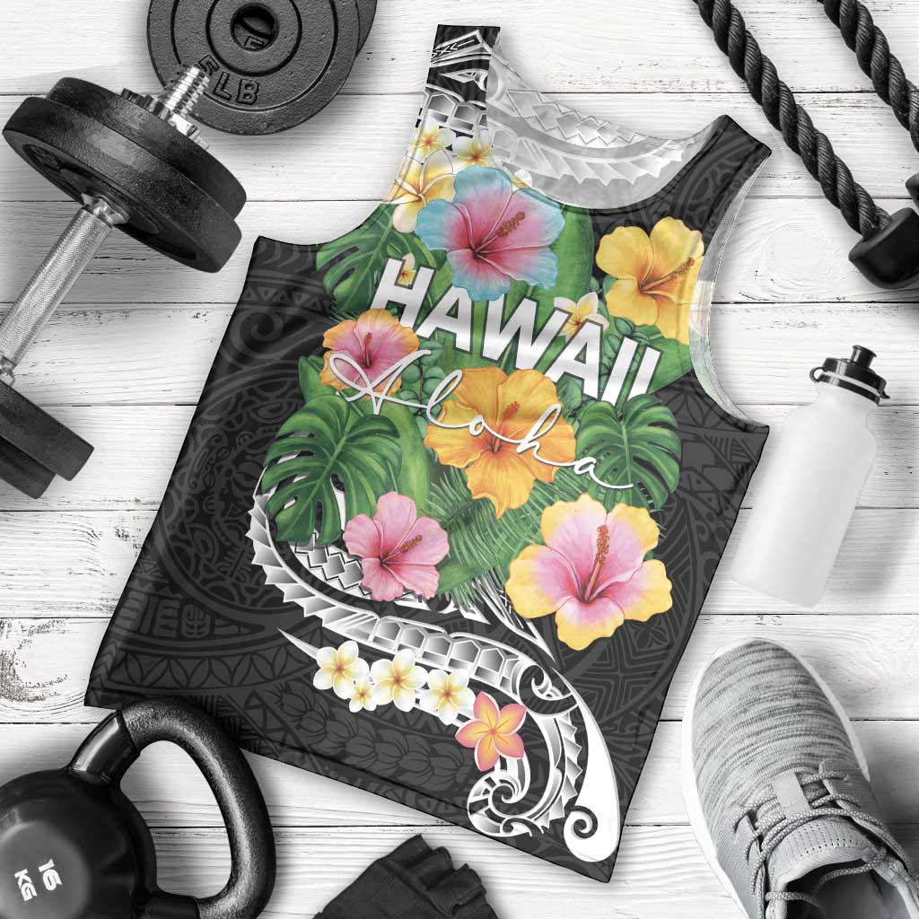 Hawaii Aloha Tropical Leaves and Flower Men Tank Top with Polynesian Art Tattoo Black Color LT03 - Polynesian Pride