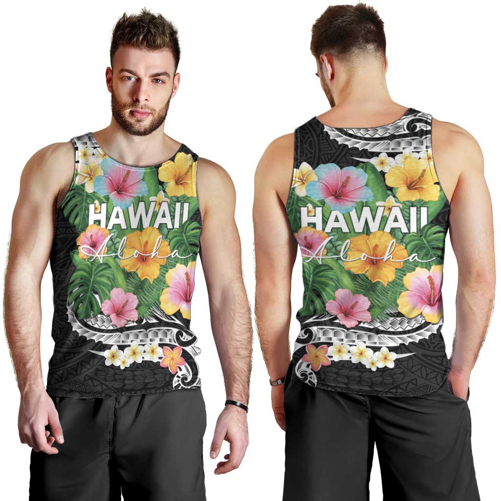 Hawaii Aloha Tropical Leaves and Flower Men Tank Top with Polynesian Art Tattoo Black Color LT03 - Polynesian Pride