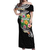 Hawaii Aloha Tropical Leaves and Flower Off Shoulder Maxi Dress with Polynesian Art Tattoo Black Color LT03 Women Black - Polynesian Pride
