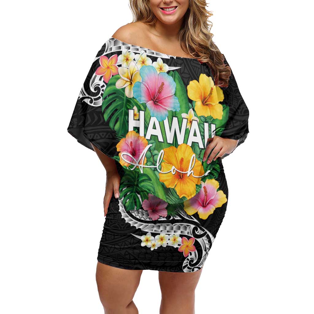 Hawaii Aloha Tropical Leaves and Flower Off Shoulder Short Dress with Polynesian Art Tattoo Black Color LT03 Women Black - Polynesian Pride
