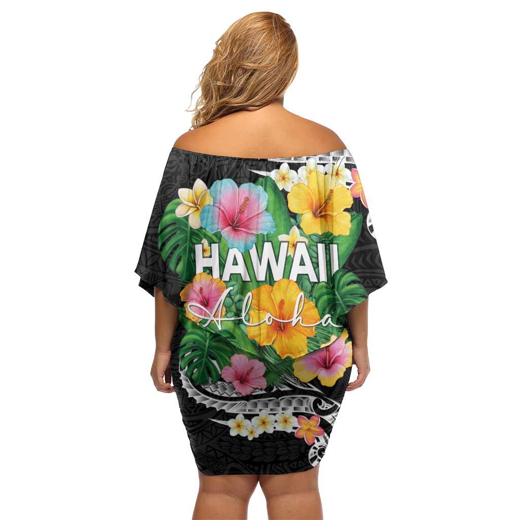 Hawaii Aloha Tropical Leaves and Flower Off Shoulder Short Dress with Polynesian Art Tattoo Black Color LT03 - Polynesian Pride