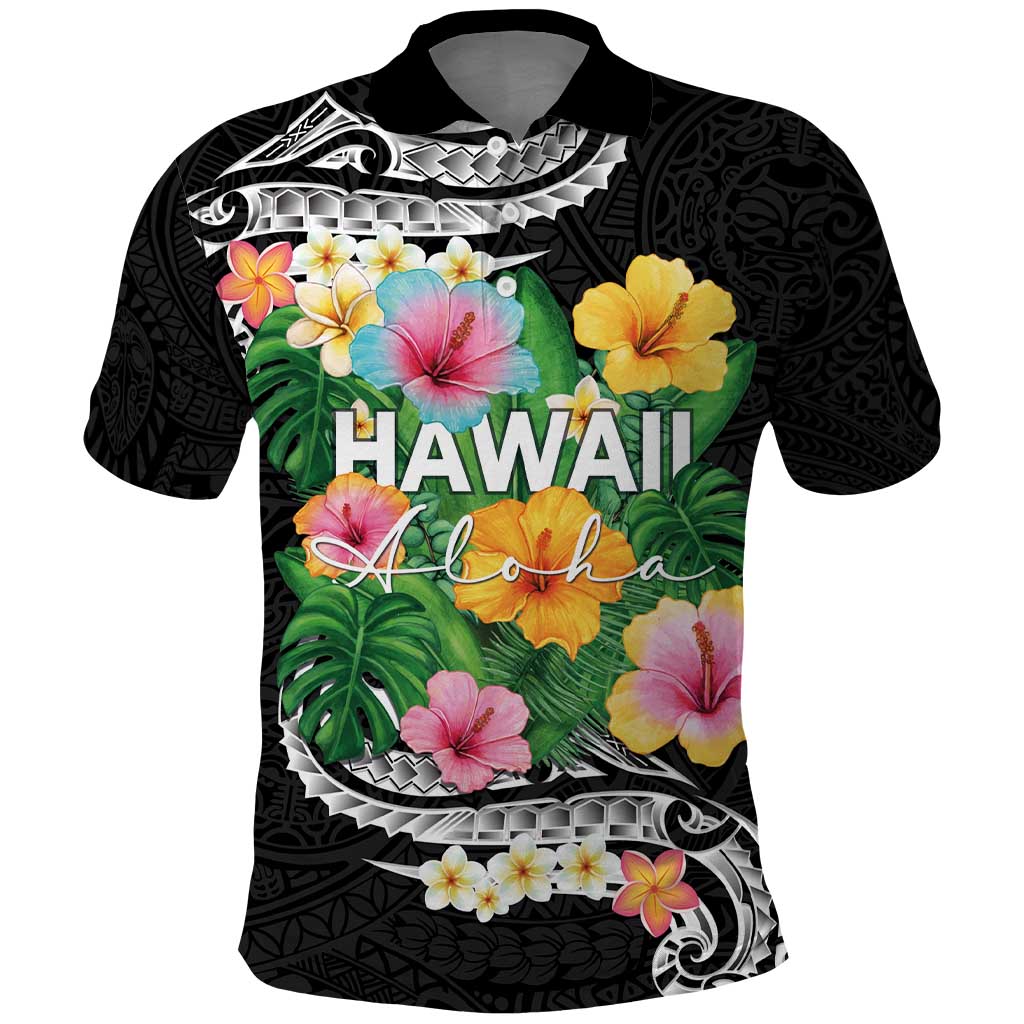 Hawaii Aloha Tropical Leaves and Flower Polo Shirt with Polynesian Art Tattoo Black Color LT03 Black - Polynesian Pride