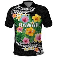 Hawaii Aloha Tropical Leaves and Flower Polo Shirt with Polynesian Art Tattoo Black Color LT03 Black - Polynesian Pride
