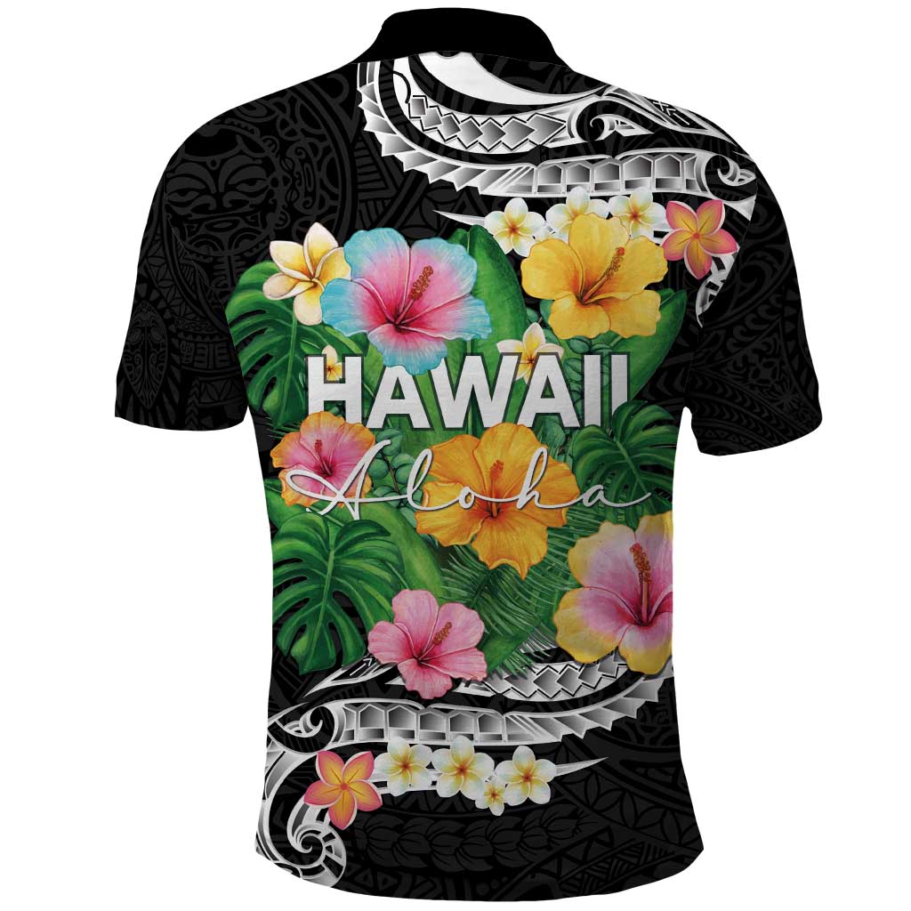 Hawaii Aloha Tropical Leaves and Flower Polo Shirt with Polynesian Art Tattoo Black Color LT03 - Polynesian Pride