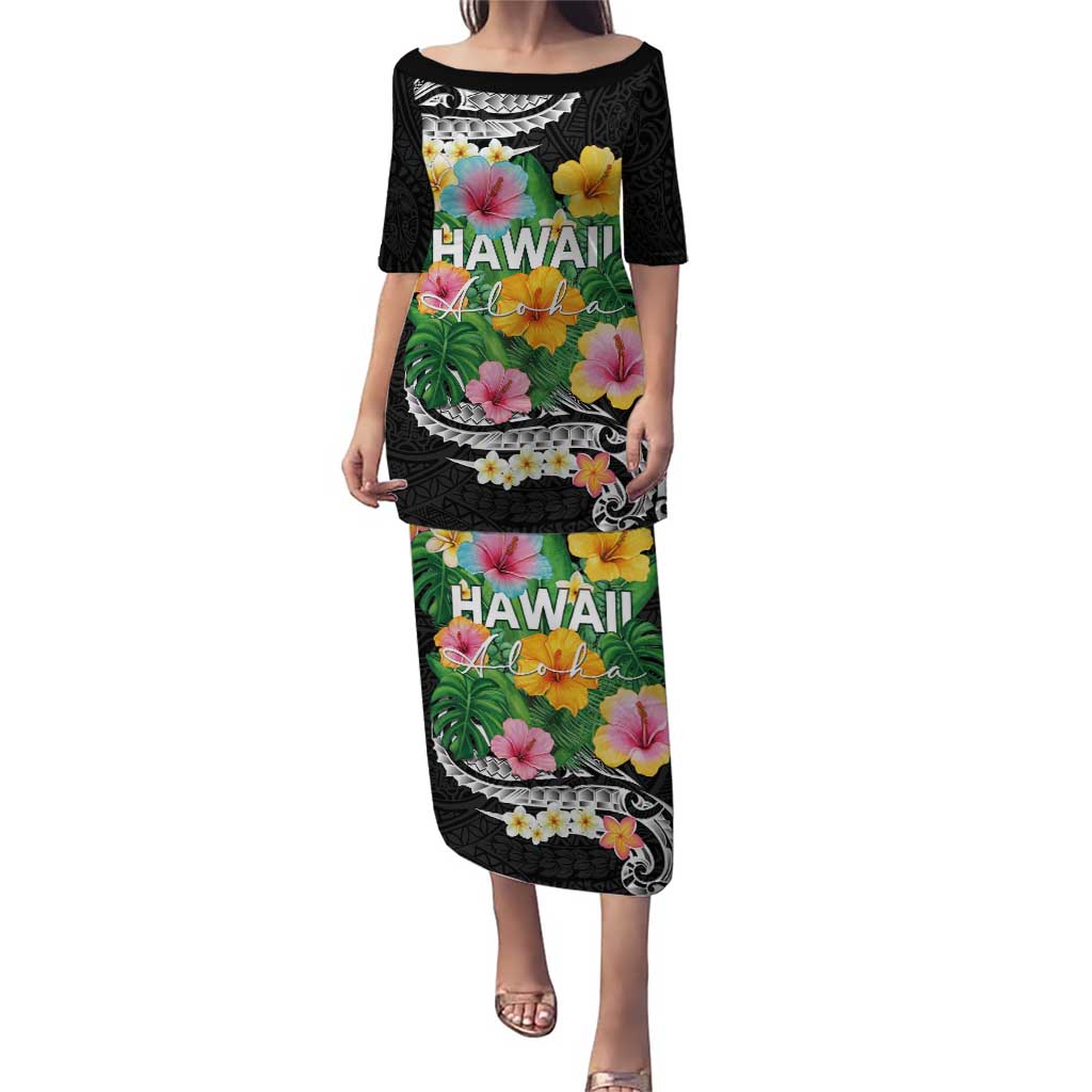 Hawaii Aloha Tropical Leaves and Flower Puletasi with Polynesian Art Tattoo Black Color LT03 Long Dress Black - Polynesian Pride