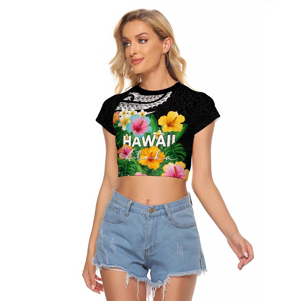 Hawaii Aloha Tropical Leaves and Flower Raglan Cropped T Shirt with Polynesian Art Tattoo Black Color LT03 Female Black - Polynesian Pride