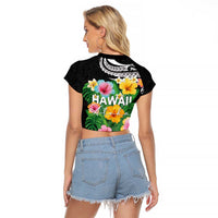 Hawaii Aloha Tropical Leaves and Flower Raglan Cropped T Shirt with Polynesian Art Tattoo Black Color LT03 - Polynesian Pride