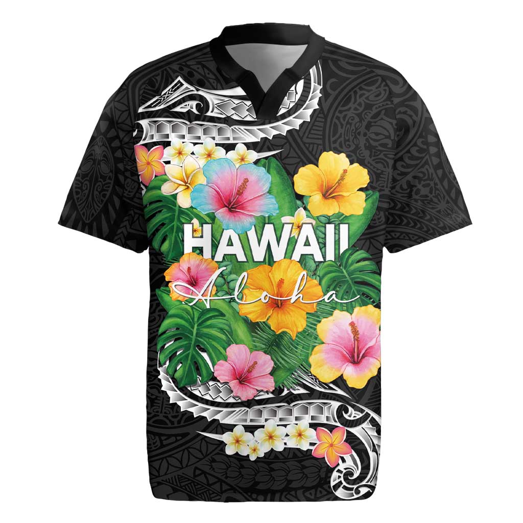 Hawaii Aloha Tropical Leaves and Flower Rugby Jersey with Polynesian Art Tattoo Black Color LT03 Black - Polynesian Pride