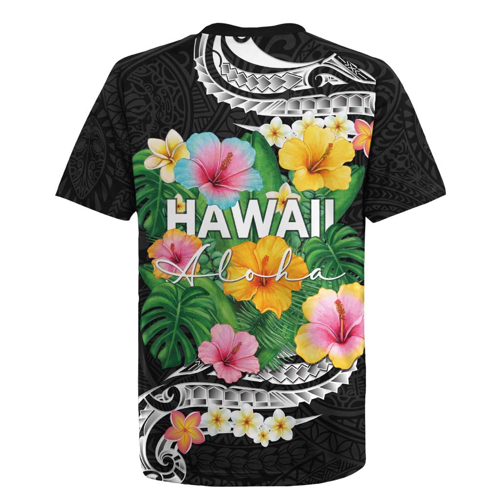 Hawaii Aloha Tropical Leaves and Flower Rugby Jersey with Polynesian Art Tattoo Black Color LT03 - Polynesian Pride