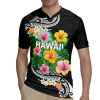 Hawaii Aloha Tropical Leaves and Flower Rugby Jersey with Polynesian Art Tattoo Black Color LT03 - Polynesian Pride