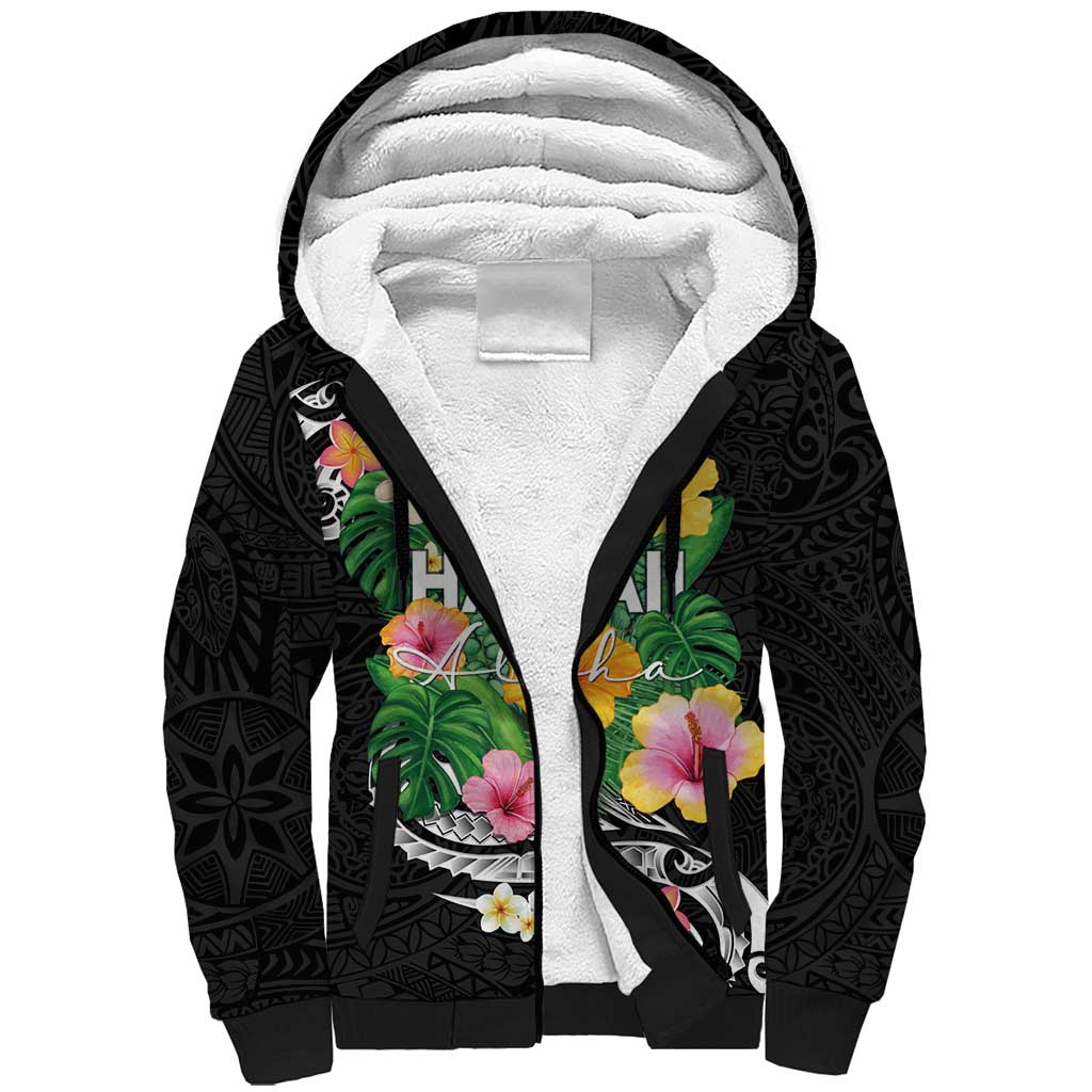 Hawaii Aloha Tropical Leaves and Flower Sherpa Hoodie with Polynesian Art Tattoo Black Color LT03 Unisex Black - Polynesian Pride
