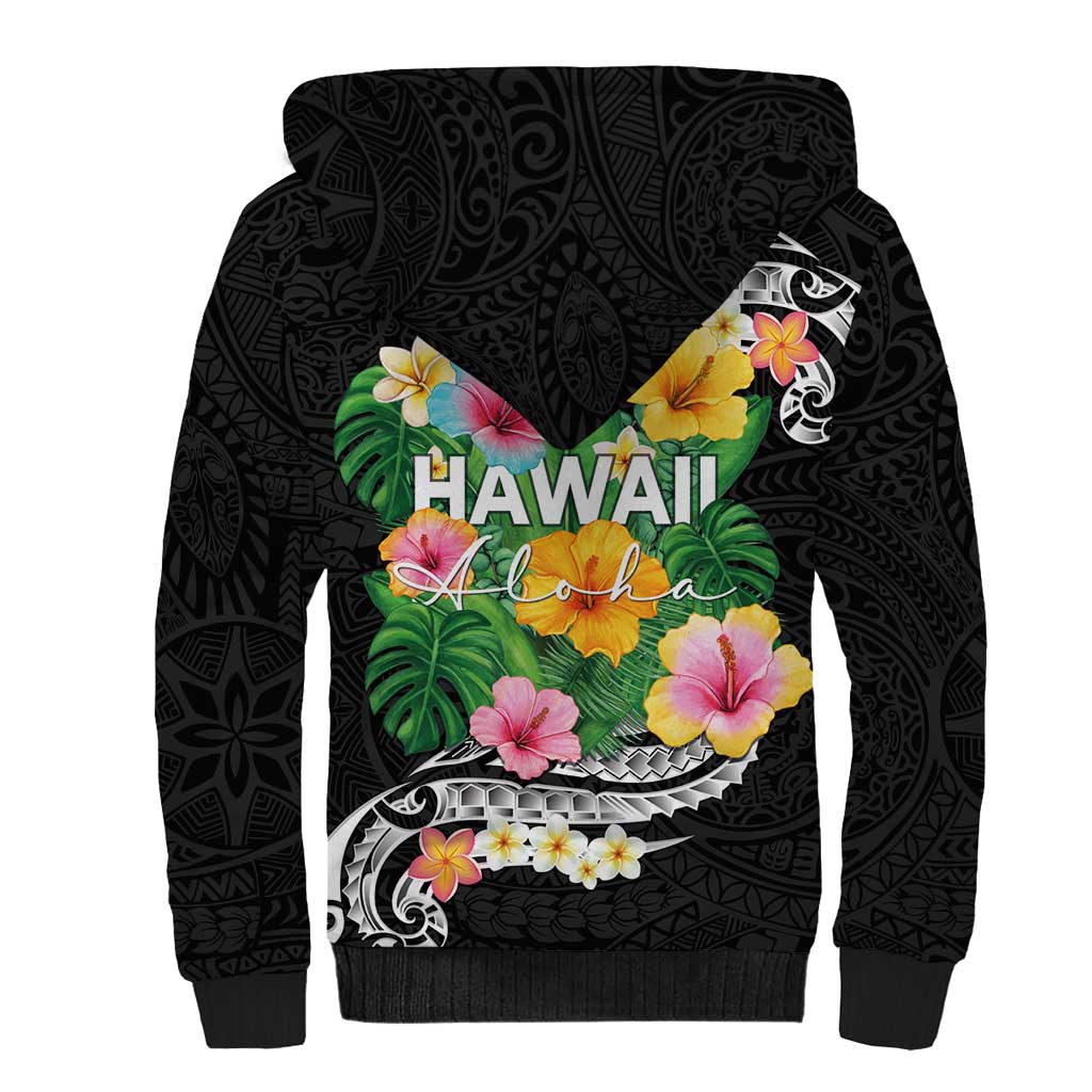Hawaii Aloha Tropical Leaves and Flower Sherpa Hoodie with Polynesian Art Tattoo Black Color LT03 - Polynesian Pride