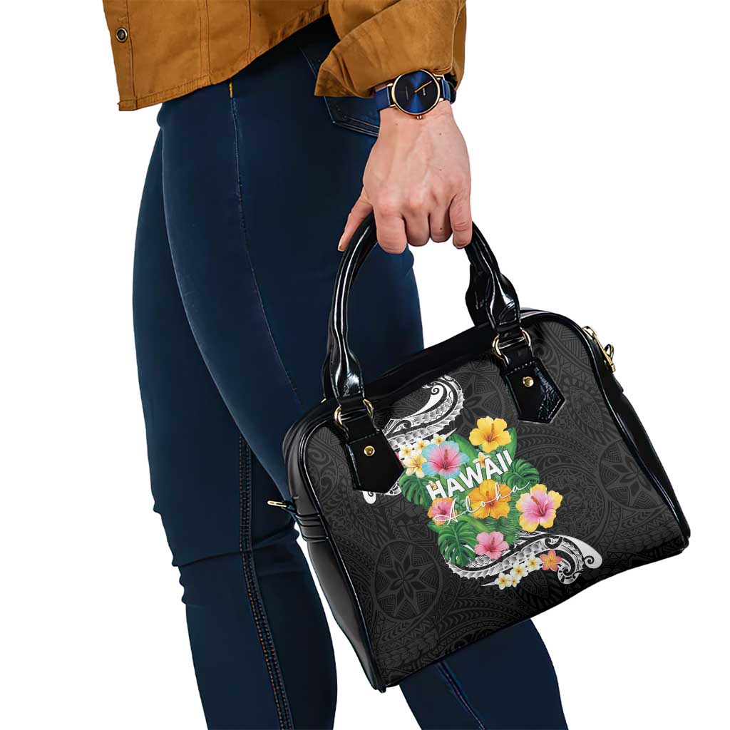 Hawaii Aloha Tropical Leaves and Flower Shoulder Handbag with Polynesian Art Tattoo Black Color - Polynesian Pride