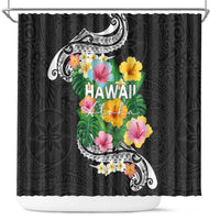 Hawaii Aloha Tropical Leaves and Flower Shower Curtain with Polynesian Art Tattoo Black Color LT03 Black - Polynesian Pride