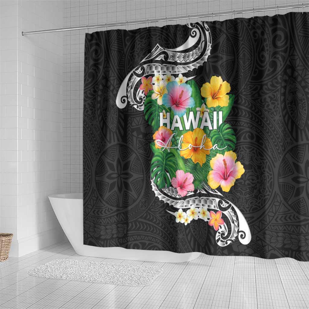 Hawaii Aloha Tropical Leaves and Flower Shower Curtain with Polynesian Art Tattoo Black Color LT03 - Polynesian Pride