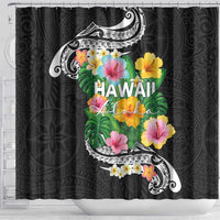 Hawaii Aloha Tropical Leaves and Flower Shower Curtain with Polynesian Art Tattoo Black Color LT03 - Polynesian Pride
