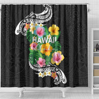 Hawaii Aloha Tropical Leaves and Flower Shower Curtain with Polynesian Art Tattoo Black Color LT03 - Polynesian Pride