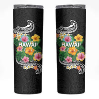 Hawaii Aloha Tropical Leaves and Flower Skinny Tumbler with Polynesian Art Tattoo Black Color LT03 Black - Polynesian Pride