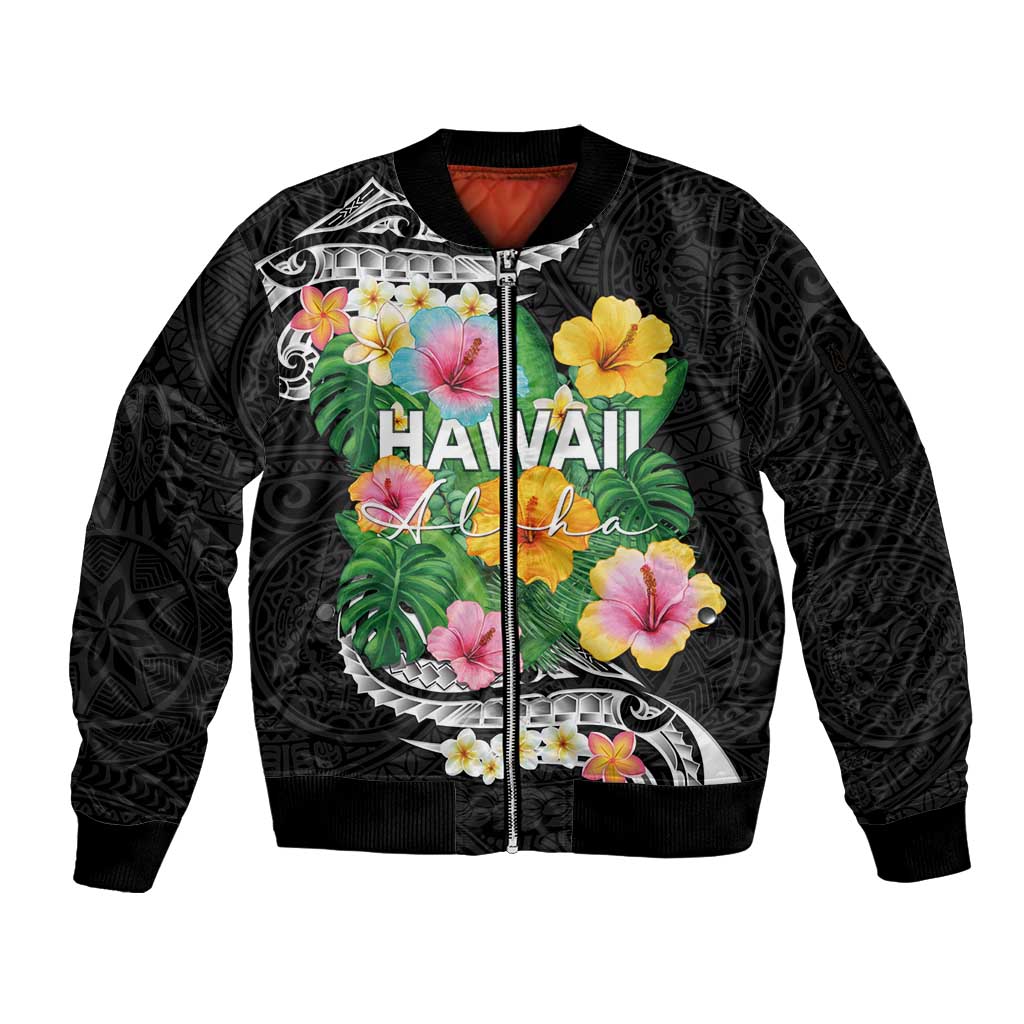 Hawaii Aloha Tropical Leaves and Flower Sleeve Zip Bomber Jacket with Polynesian Art Tattoo Black Color LT03 Unisex Black - Polynesian Pride