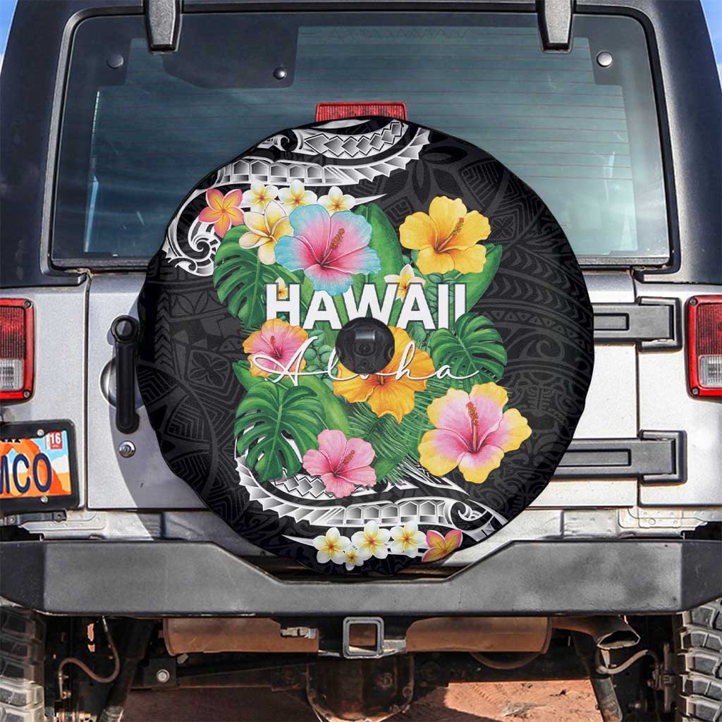 Hawaii Aloha Tropical Leaves and Flower Spare Tire Cover with Polynesian Art Tattoo Black Color LT03 Black - Polynesian Pride