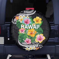 Hawaii Aloha Tropical Leaves and Flower Spare Tire Cover with Polynesian Art Tattoo Black Color LT03 No hole Black - Polynesian Pride