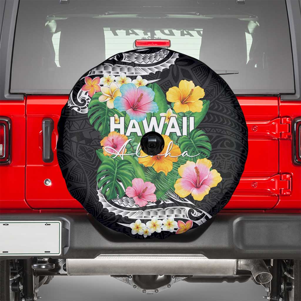 Hawaii Aloha Tropical Leaves and Flower Spare Tire Cover with Polynesian Art Tattoo Black Color LT03 - Polynesian Pride