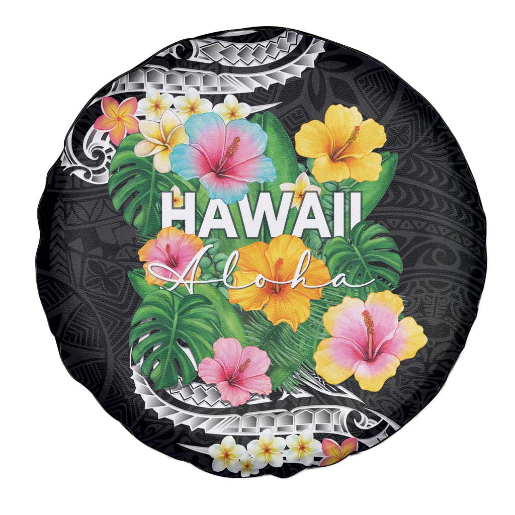 Hawaii Aloha Tropical Leaves and Flower Spare Tire Cover with Polynesian Art Tattoo Black Color LT03 - Polynesian Pride