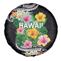 Hawaii Aloha Tropical Leaves and Flower Spare Tire Cover with Polynesian Art Tattoo Black Color LT03 - Polynesian Pride
