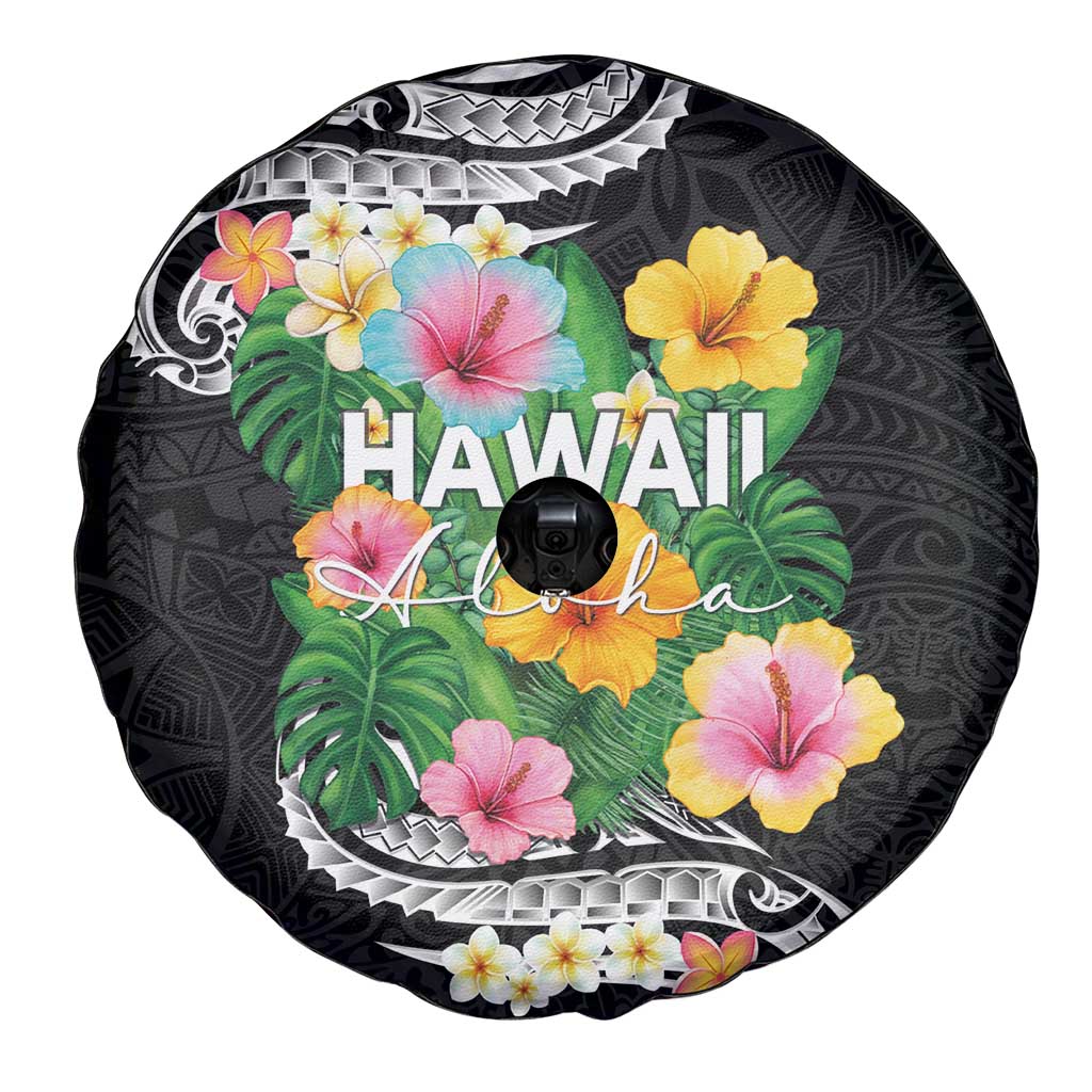 Hawaii Aloha Tropical Leaves and Flower Spare Tire Cover with Polynesian Art Tattoo Black Color LT03 - Polynesian Pride