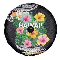 Hawaii Aloha Tropical Leaves and Flower Spare Tire Cover with Polynesian Art Tattoo Black Color LT03 - Polynesian Pride