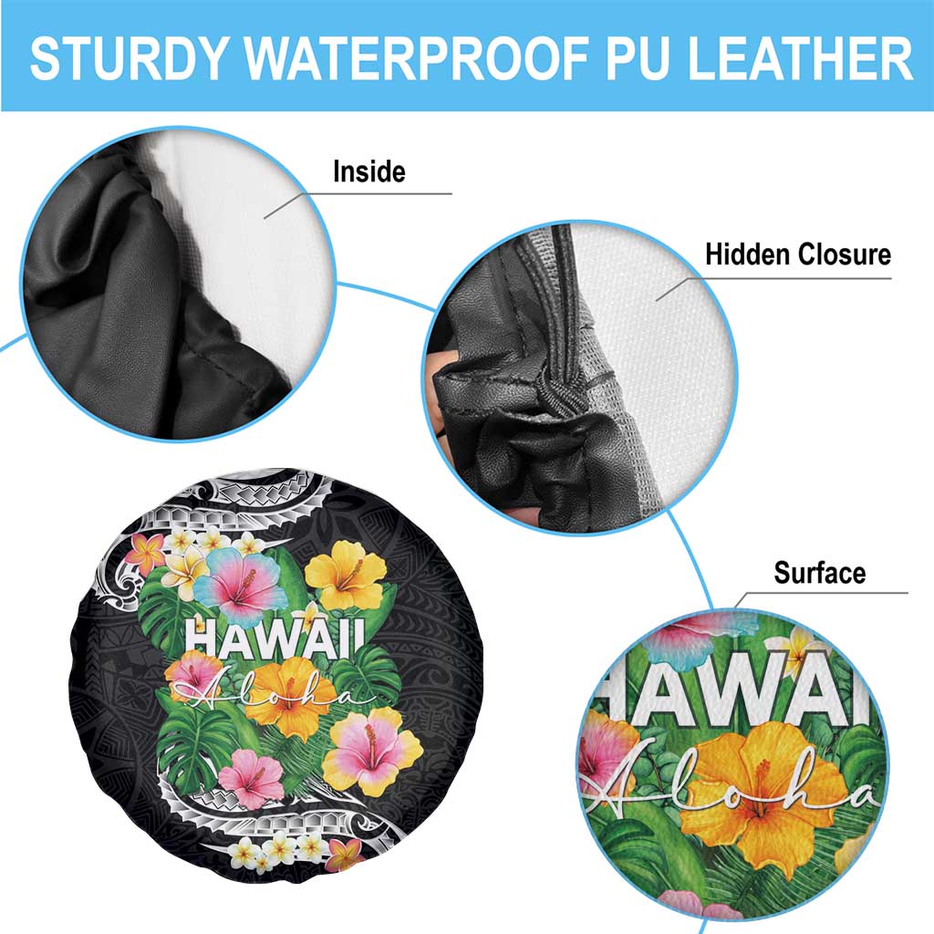 Hawaii Aloha Tropical Leaves and Flower Spare Tire Cover with Polynesian Art Tattoo Black Color LT03 - Polynesian Pride