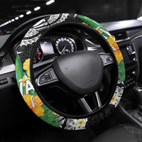 Hawaii Aloha Tropical Leaves and Flower Steering Wheel Cover with Polynesian Art Tattoo Black Color LT03 Universal Fit Black - Polynesian Pride