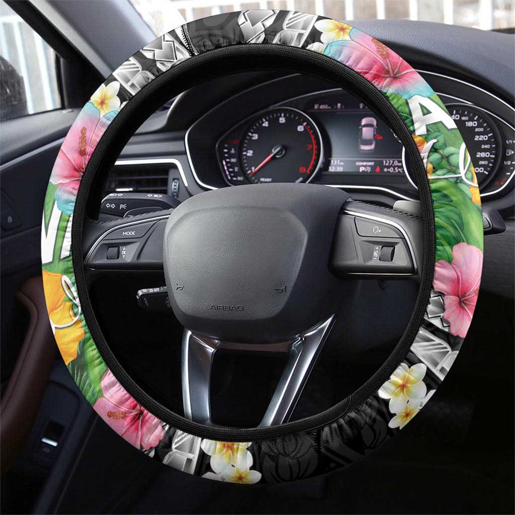 Hawaii Aloha Tropical Leaves and Flower Steering Wheel Cover with Polynesian Art Tattoo Black Color LT03 - Polynesian Pride
