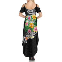 Hawaii Aloha Tropical Leaves and Flower Summer Maxi Dress with Polynesian Art Tattoo Black Color LT03 - Polynesian Pride