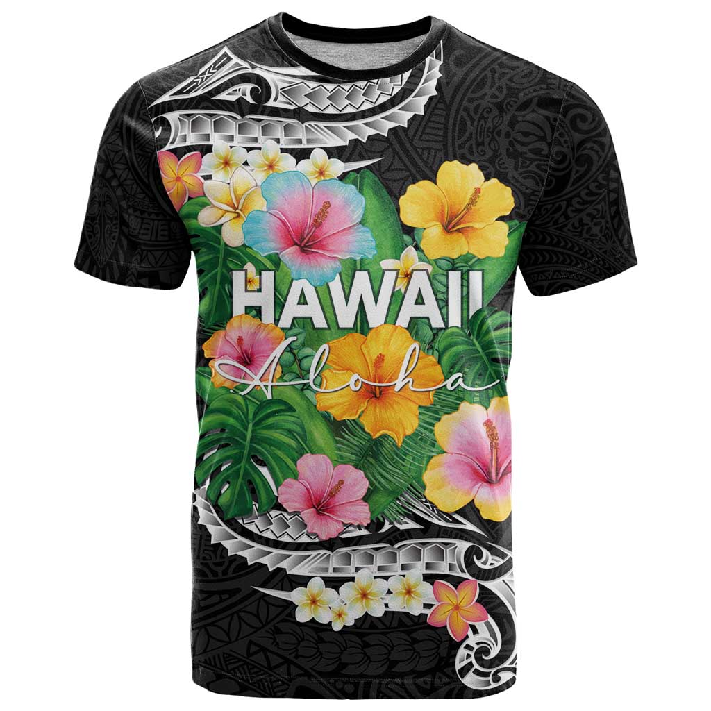 Hawaii Aloha Tropical Leaves and Flower T Shirt with Polynesian Art Tattoo Black Color LT03 Black - Polynesian Pride