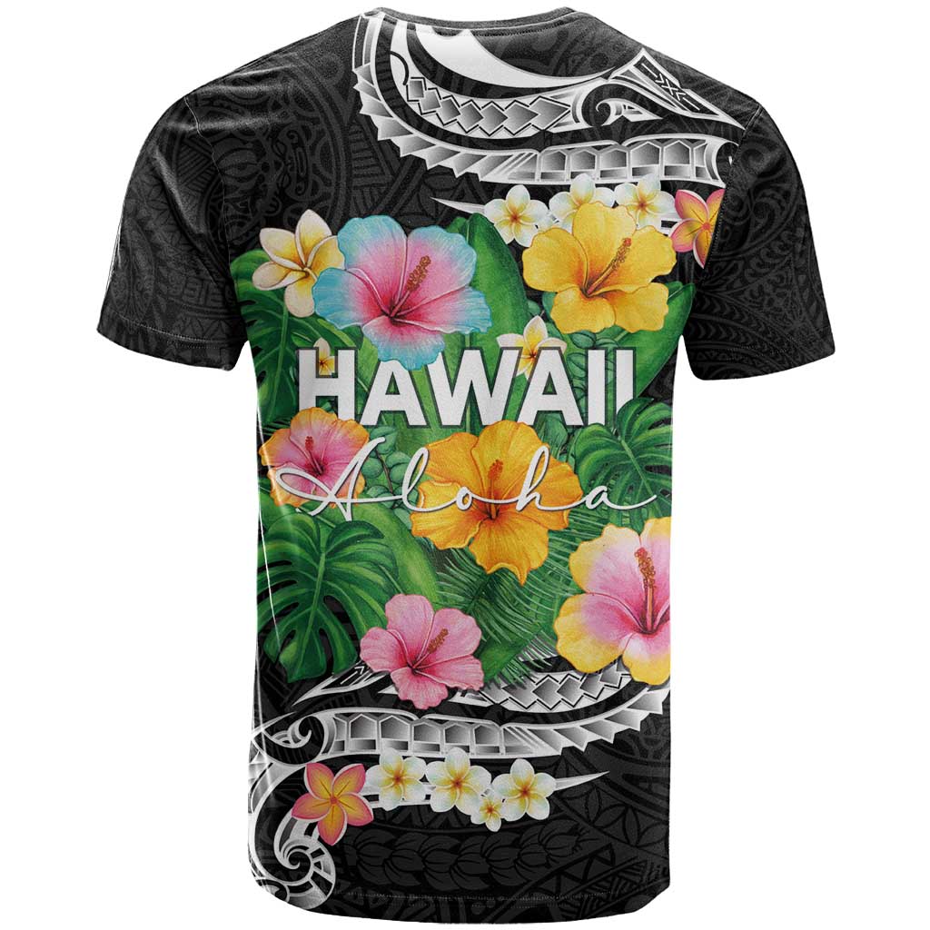 Hawaii Aloha Tropical Leaves and Flower T Shirt with Polynesian Art Tattoo Black Color LT03 - Polynesian Pride