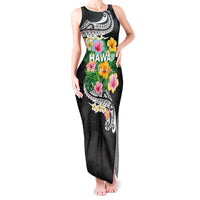 Hawaii Aloha Tropical Leaves and Flower Tank Maxi Dress with Polynesian Art Tattoo Black Color LT03 Women Black - Polynesian Pride