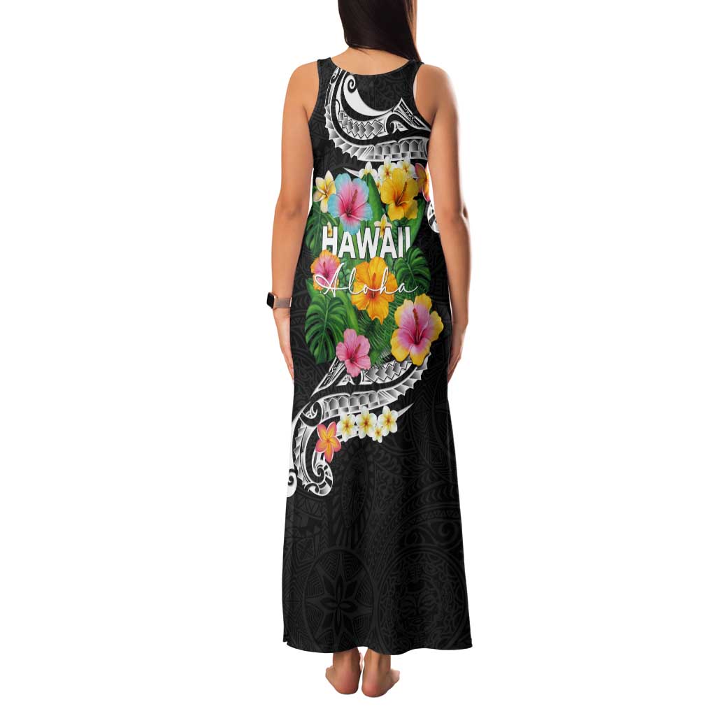 Hawaii Aloha Tropical Leaves and Flower Tank Maxi Dress with Polynesian Art Tattoo Black Color LT03 - Polynesian Pride