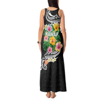 Hawaii Aloha Tropical Leaves and Flower Tank Maxi Dress with Polynesian Art Tattoo Black Color LT03 - Polynesian Pride