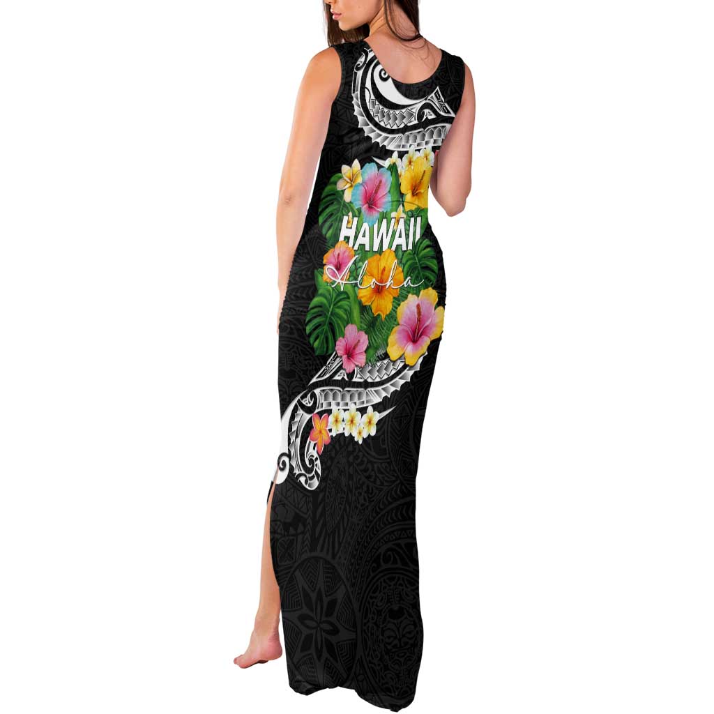 Hawaii Aloha Tropical Leaves and Flower Tank Maxi Dress with Polynesian Art Tattoo Black Color LT03 - Polynesian Pride