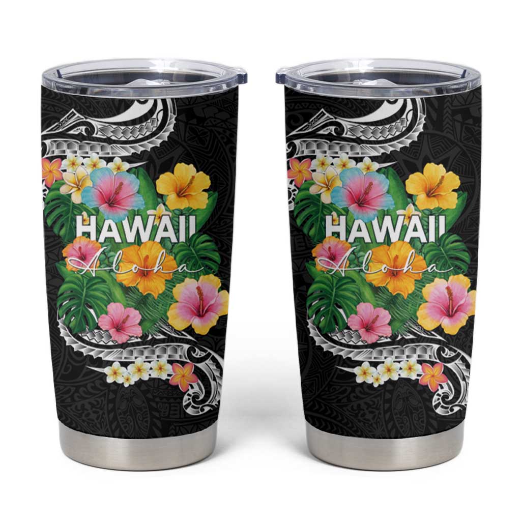 Hawaii Aloha Tropical Leaves and Flower Tumbler Cup with Polynesian Art Tattoo Black Color LT03 Black - Polynesian Pride