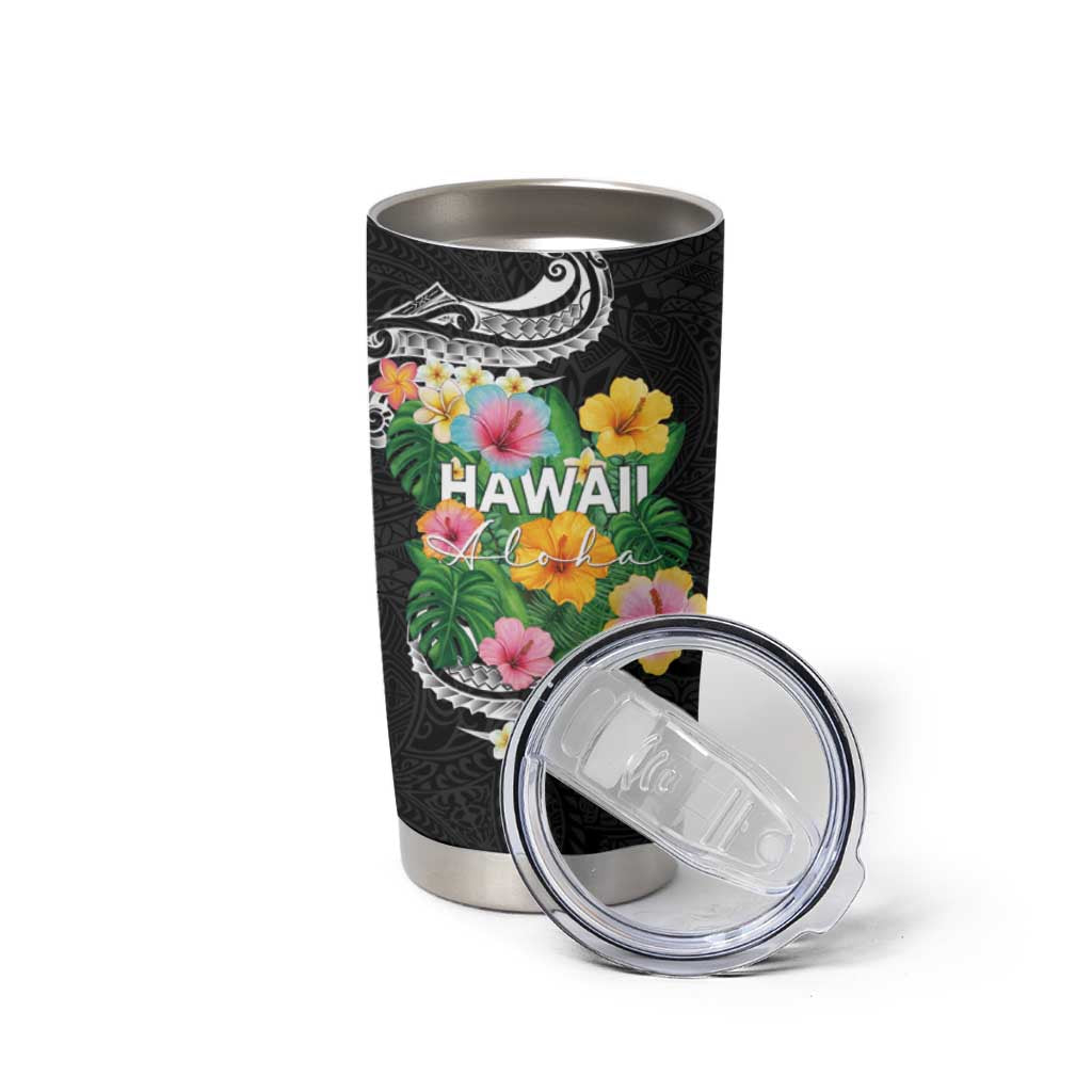 Hawaii Aloha Tropical Leaves and Flower Tumbler Cup with Polynesian Art Tattoo Black Color LT03 - Polynesian Pride